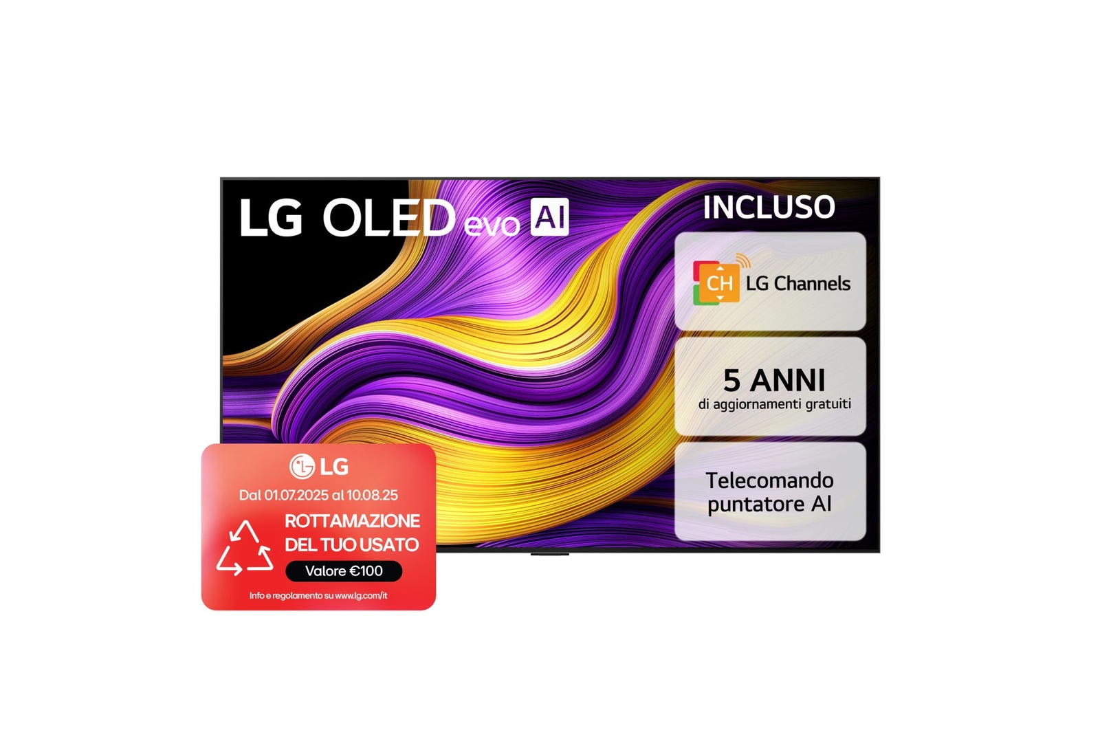 Vista frontale di una Smart TV LG OLED evo AI G5 4K Sullo schermo sono raffigurati i 12 anni di emblema OLED evo numero 1 al mondo e il logo LG OLED evo AI 2025.