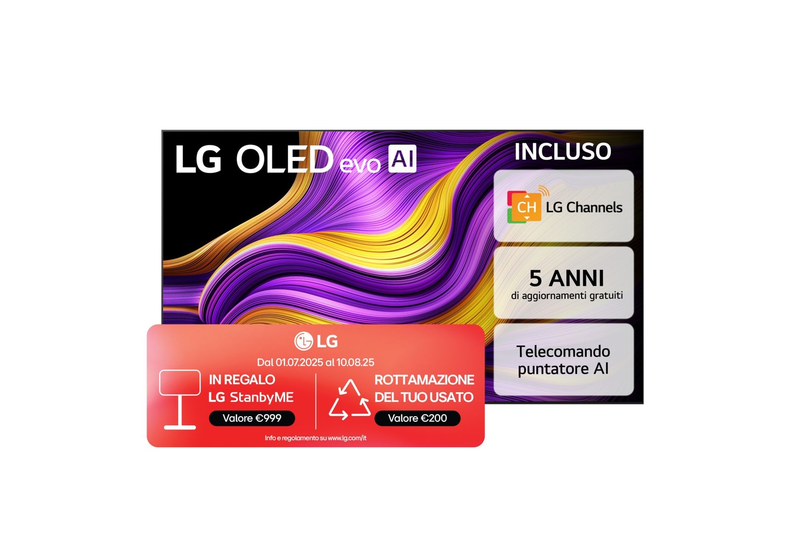 Vista frontale di una Smart TV LG OLED evo AI G5 4K Sullo schermo sono raffigurati i 12 anni di emblema OLED evo numero 1 al mondo e il logo LG OLED evo AI 2025.