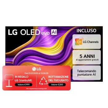 Vista frontale di una Smart TV LG OLED evo AI G5 4K Sullo schermo sono raffigurati i 12 anni di emblema OLED evo numero 1 al mondo e il logo LG OLED evo AI 2025.