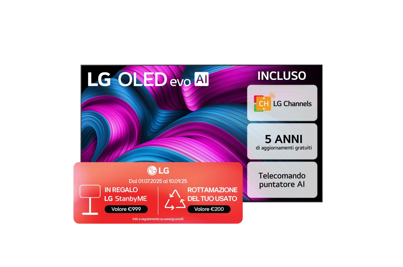 Vista frontale di una TV 65 pollici LG OLED evo AI C5 4K Smart TV 2025 OLED65C55LA
