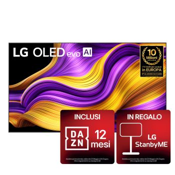 Vista frontale di una Smart TV LG OLED evo AI G5 4K Sullo schermo sono raffigurati i 12 anni di emblema OLED evo numero 1 al mondo e il logo LG OLED evo AI 2025.