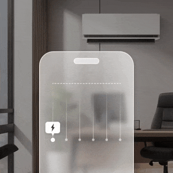 Animazione che mostra la funzione kW Manager del condizionatore LG su uno smartphone per il controllo del consumo energetico.