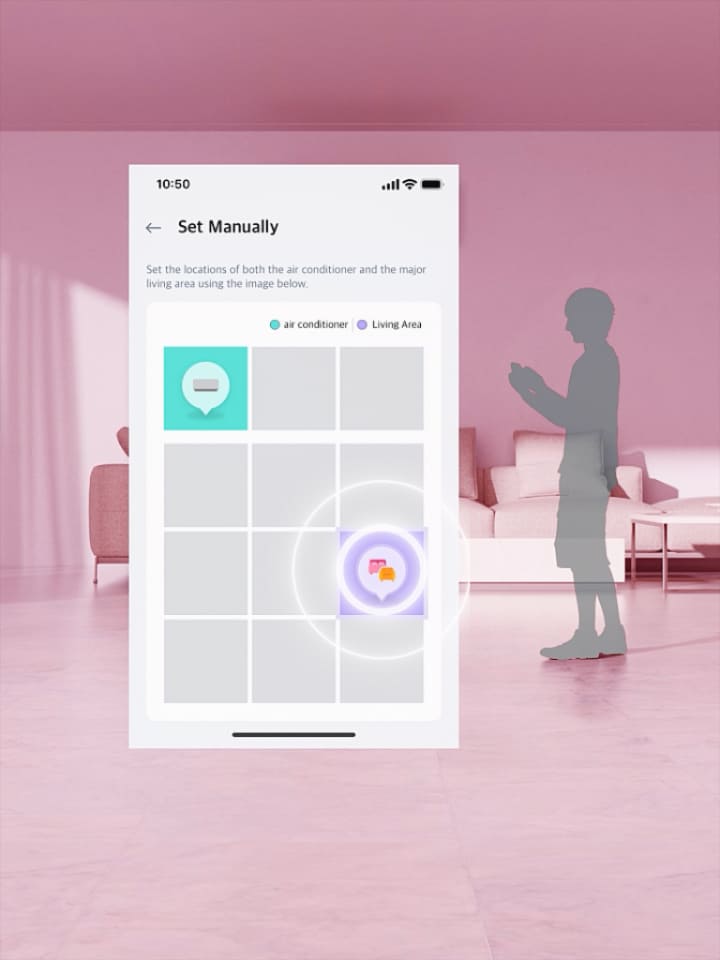 Il condizionatore LG con AI Air rileva la temperatura ambiente, regola il flusso d’aria e mantiene la temperatura impostata.