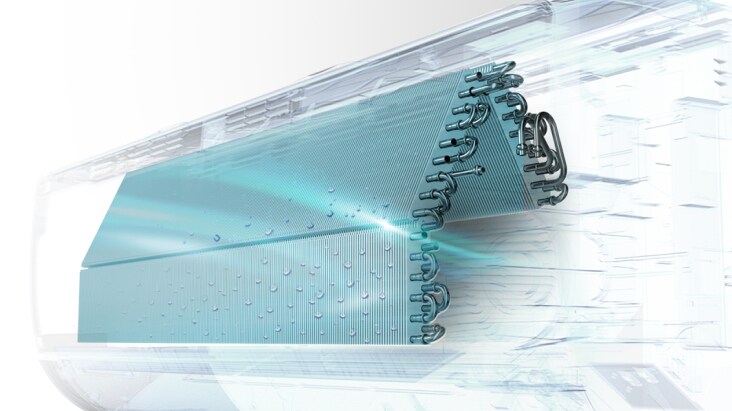 Immagine dello scambiatore di calore del condizionatore con Auto Clean+ per flusso d’aria e rimozione dell’umidità migliori.