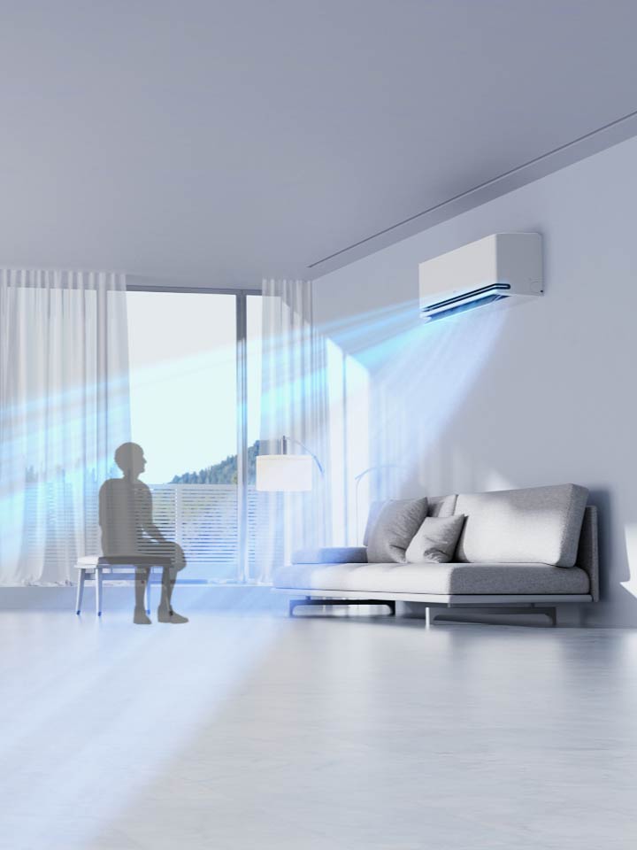 Il condizionatore LG con AI Air rileva la temperatura ambiente e posizione delle persone, regola il flusso e mantiene la temperatura impostata.