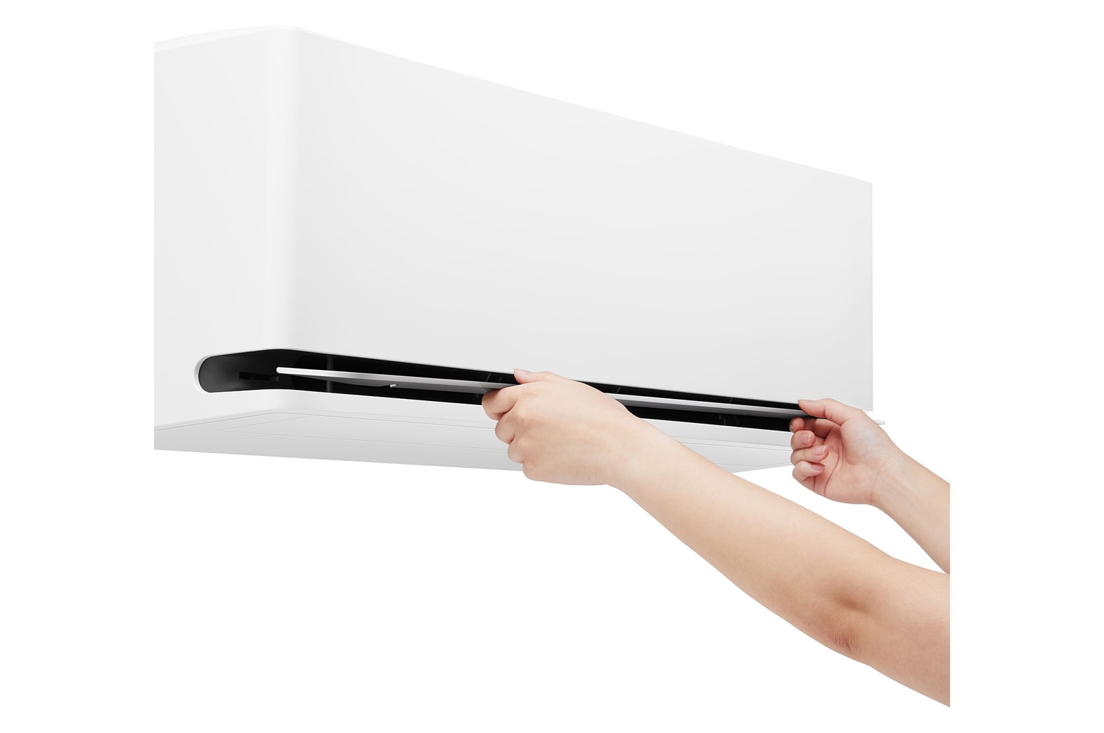 Hands opening the lower vane of an LG air conditioner for cleaning or maintenance