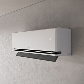 LG ai air conditioner with open vane displaying 18°C