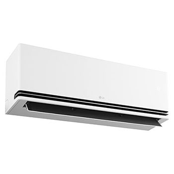 Left low-angle front view of LG ai air conditioner with open lower vane