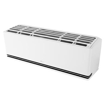 Angled top-front view of LG ai air conditioner with its top panel and grille visible