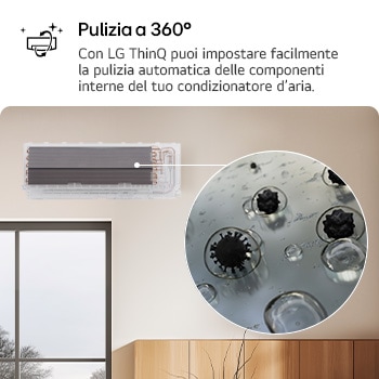 Image showcasing LG air conditioner's All Cleaning feature. The visual highlights the internal cleaning process, with a close-up showing dirt and germs being removed. The text reads: 'All Cleaning. Maintenance is simple with LG ThinQ, even for hard-to-reach areas.'