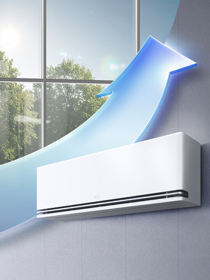 Condizionatore a parete con un flusso d'aria blu, come background una finestra che passa dal giorno alla notte.