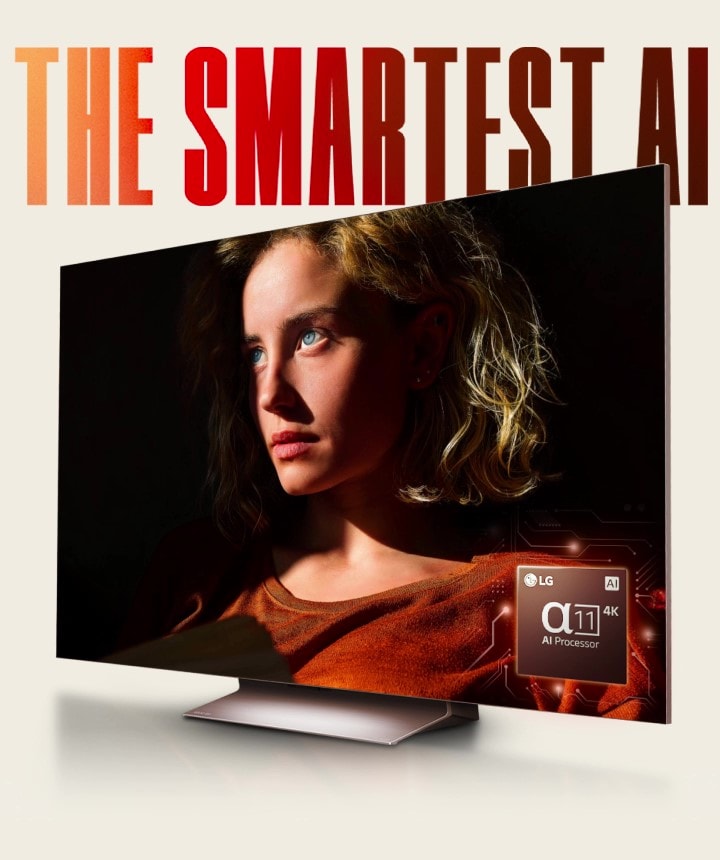 「THE SMARTEST AI（最もスマートなAI）」という赤いグラデーションの文字が、女性の顔を映すLG TVの上に表示される。赤いネオンライトが女性の輪郭をなぞり、画面を通過すると、画像がより明るくなる。LG α11 AIプロセッサーグラフィックが右下にある。