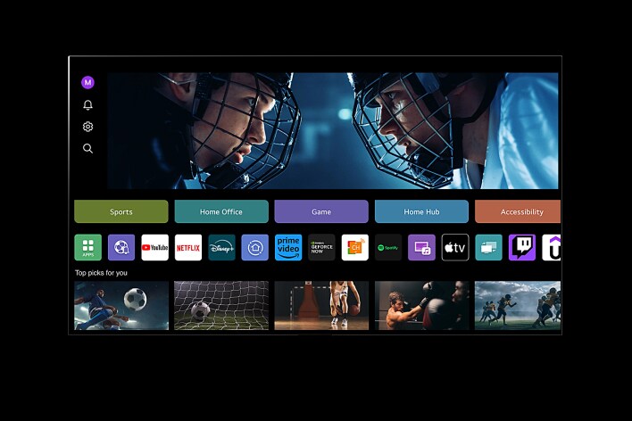 LG TVがMy Profileを表示している。カーソルをSportsボタンに合わせると、文字が「All Sports Information（すべてのスポーツ情報）」に変わる。カーソルがクリックすると、画面にSports Portalが表示される。次に、カーソルをゲームボタンに合わせると、文字が「Best gaming experience（最高のゲーム体験）」に変わる。カーソルがクリックすると、画面にゲームホームスクリーンが表示される。