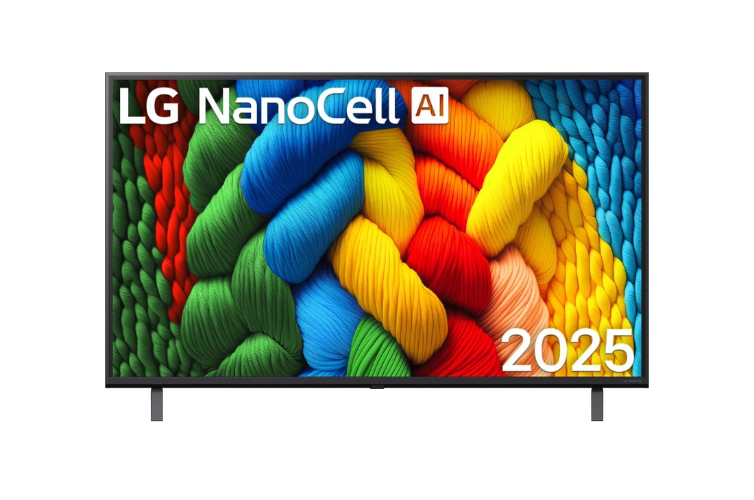 NanoCell TVの正面図。上の端にLG NanoCell AIのロゴがある。LG NanoCell NANO80 TVに絵の具のようなカラフルなテクスチャーが1つになるところが映っている。