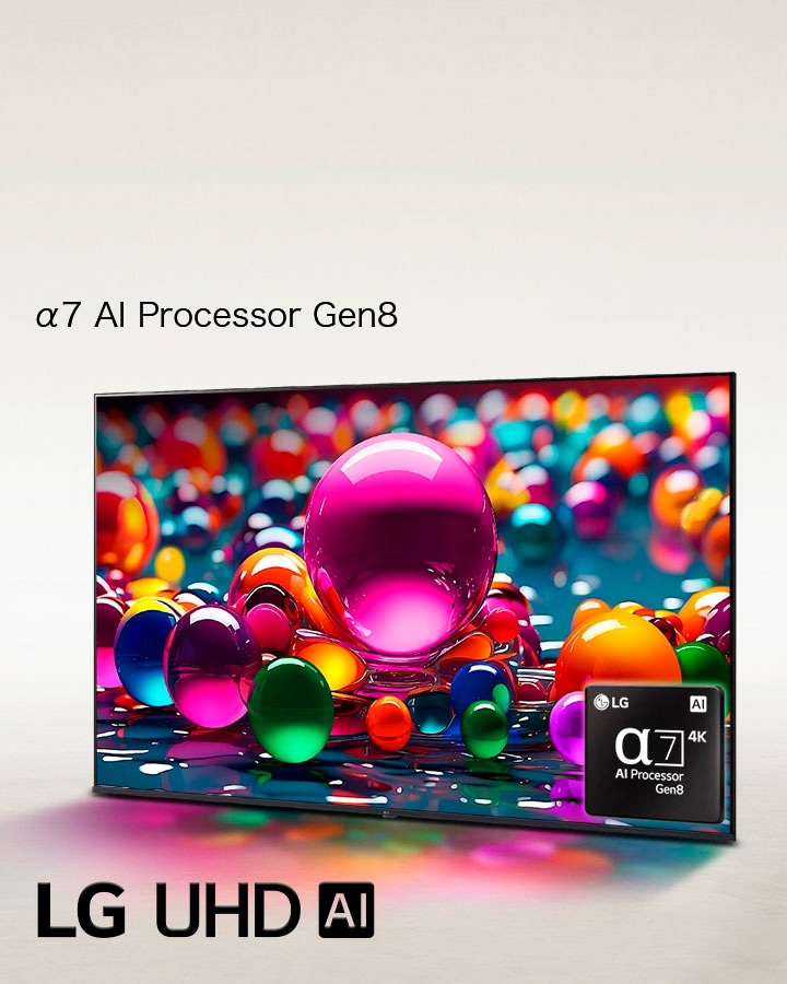 左斜め向きに設置されたLG UHD TVに、ピンク、青、紫とさまざまな色を用いたカラフルなマーブル模様が表示されている。「alpha 7 4K AI Processor（alpha 7 4K AIプロセッサー）」という文字がTVの右下に埋め込まれている。LG UHD AIのロゴが左下に見える。「Powered by LG alpha AI Processor（LG alpha AIプロセッサー搭載）」という文字も表示されている。