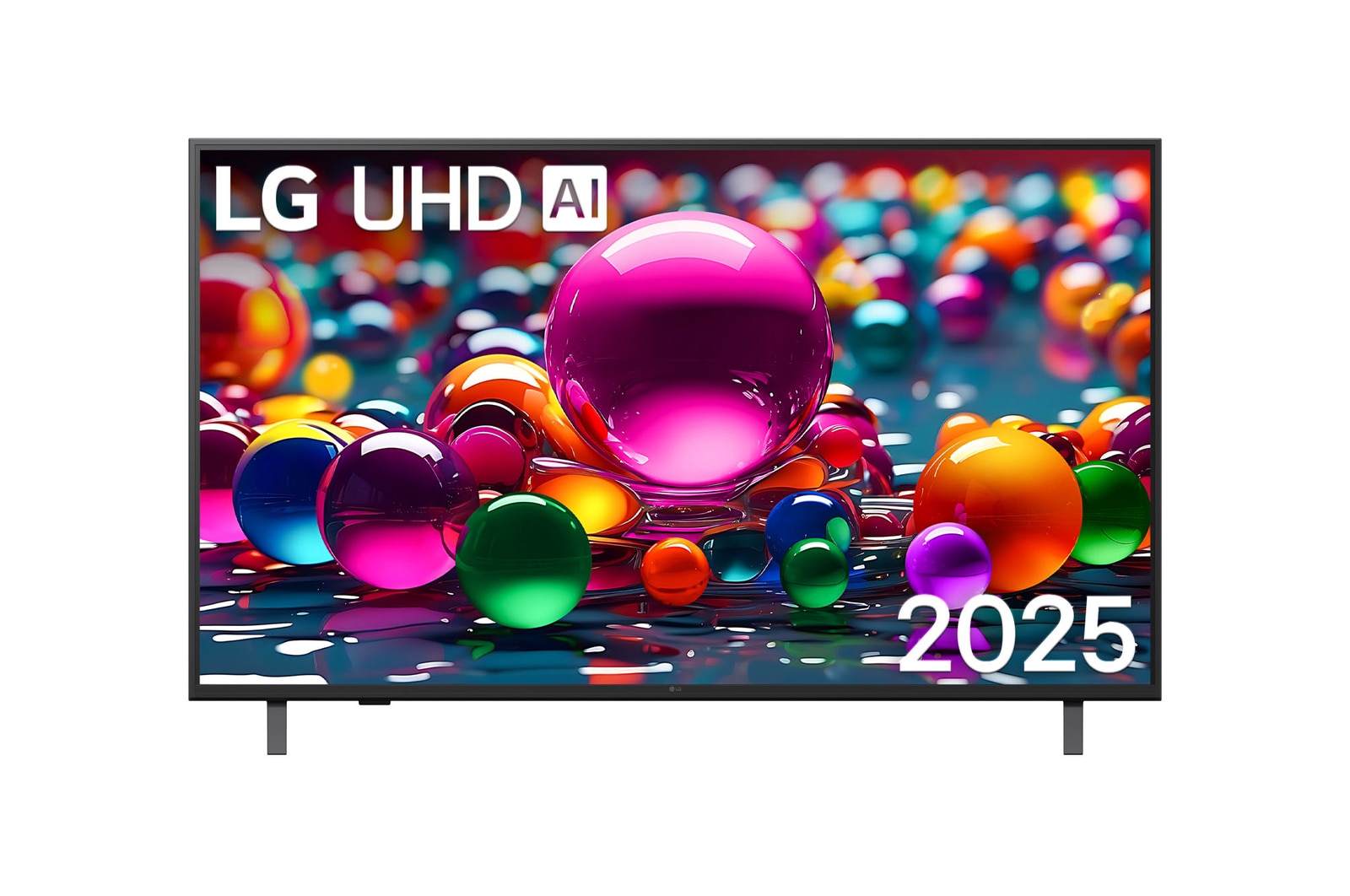 UHD UA75 TVの正面図。LG UHD AIロゴが上の端に表示されている。LG UHD TVに絵の具のようなカラフルなテクスチャーが1つになるところが映っている。