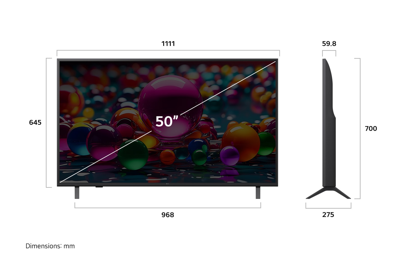 LG UHD AI UA75 4KスマートTVの正面図と側面図。長さ、幅、高さ、奥行きを示している。