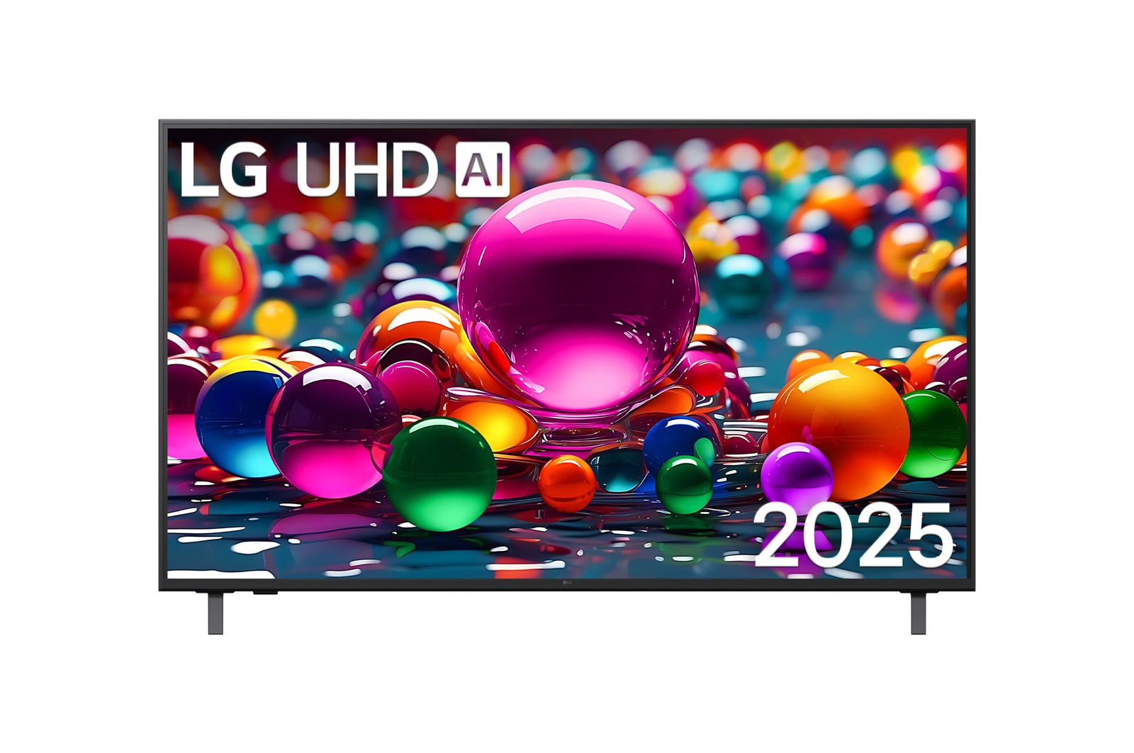 UHD UA75 TVの正面図。LG UHD AIロゴが上の端に表示されている。LG UHD TVに絵の具のようなカラフルなテクスチャーが1つになるところが映っている。