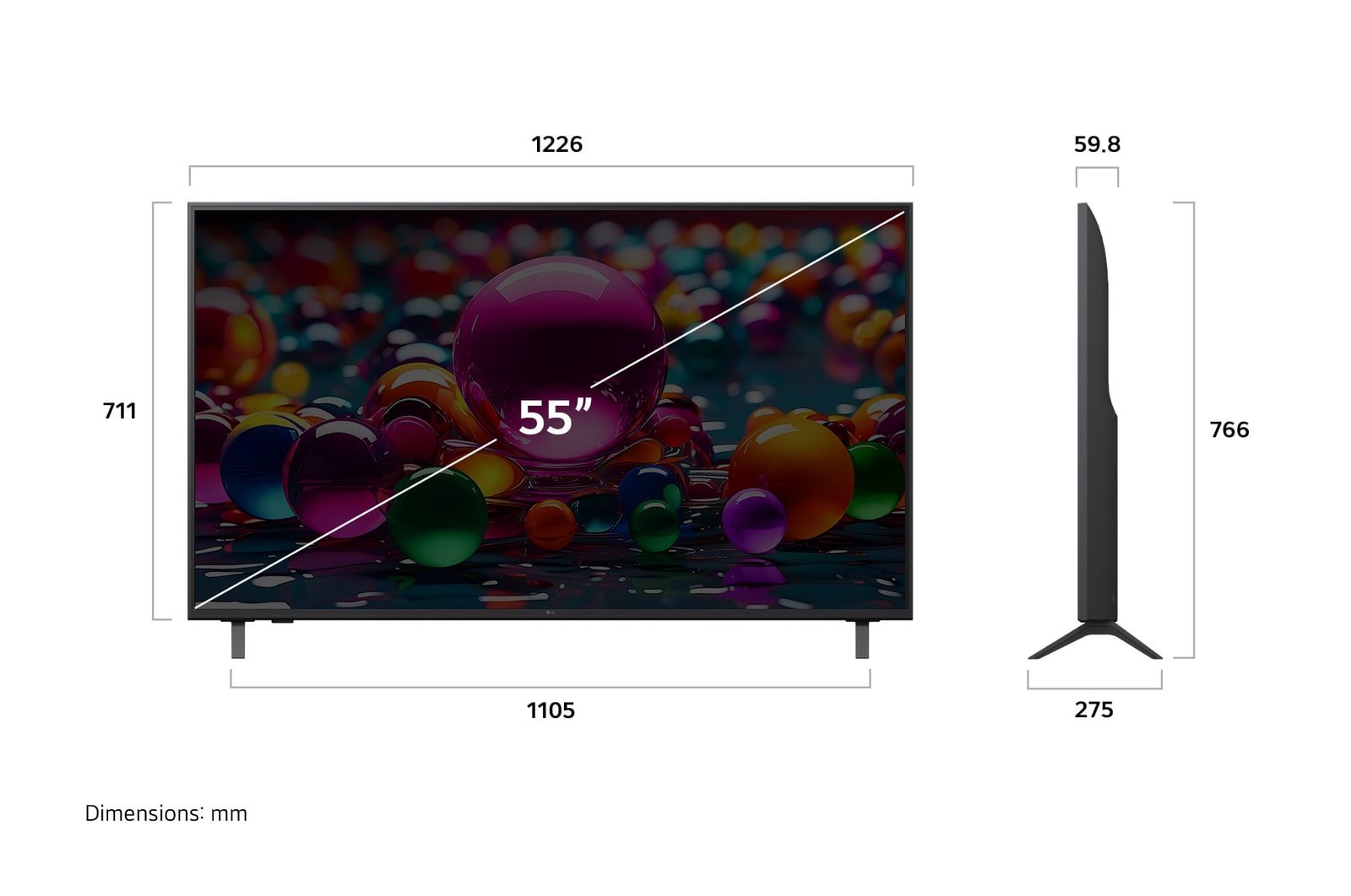 LG UHD AI UA75 4KスマートTVの正面図と側面図。長さ、幅、高さ、奥行きを示している。