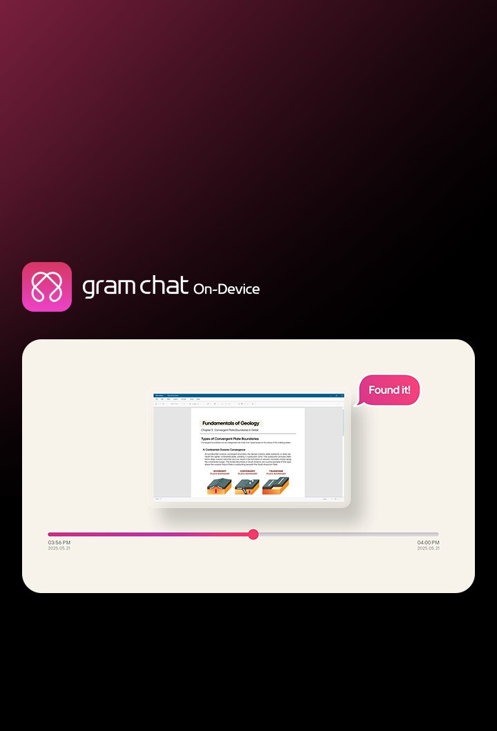 LG gram chat On-Device AIの「タイムトラベル」機能により、進捗バーを使って過去の画面をブラウズし、過去に開いたファイルを再訪できます。通知。