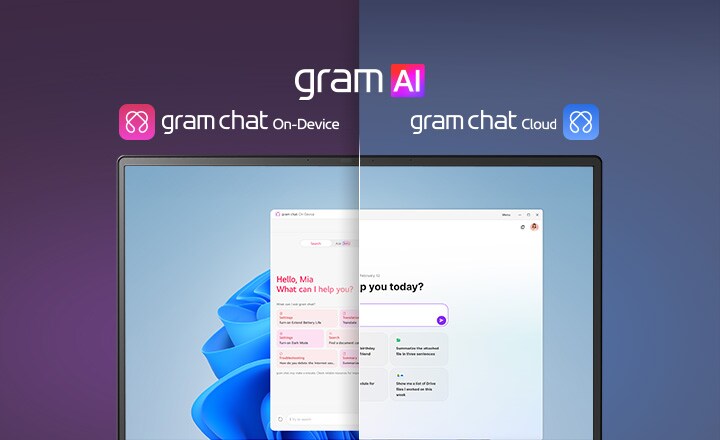 「gram AI」の2つの特徴的なモードを示す、分割画面の画像。左側にはピンクのアイコンの「gram chat On-Device」が、右側には青のアイコンの「gram chat Cloud」が表示されている。画面にはAIインターフェースが表示されており、これは両モードにおけるシームレスなAI機能をシンボル化しています。