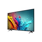 若干角度をつけたLG QNED TV、QNED85の左向きの側面画像