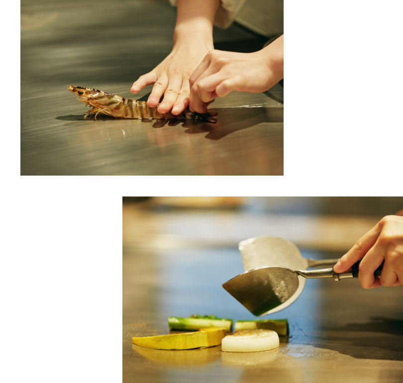 目を奪われる手さばきと、香り立つ鉄板は、垂涎もの。調理の過程も含めて食の魅力を堪能できる場所だ。ちょっと贅沢なランチや大切な接待で訪れるリピーターも多いそう。