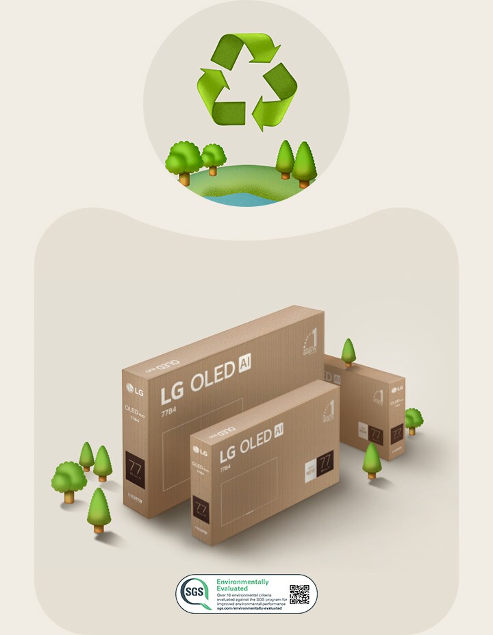木々の絵が描かれたベージュの背景にLG OLED包装が映し出される。