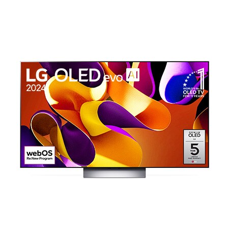 LG OLED evo TV、OLED G4の正面画像。「11 Years of world number 1 OLED（11年連続世界第1位のOLED）」のエンブレム、「webOS Re:New Program」のロゴ、「5-Year Panel Warranty（5年のパネル保証）」のロゴが画面に映し出される