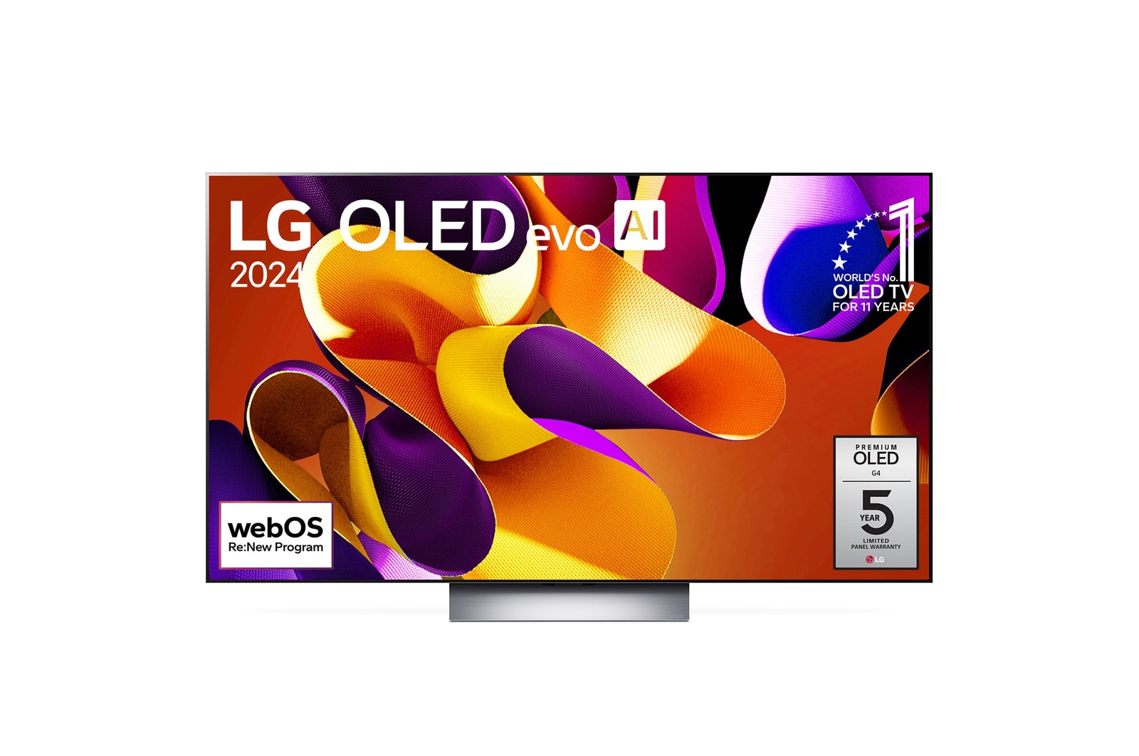 LG OLED evo TV、OLED G4の正面画像。「11 Years of world number 1 OLED（11年連続世界第1位のOLED）」のエンブレム、「webOS Re:New Program」のロゴ、「5-Year Panel Warranty（5年のパネル保証）」のロゴが画面に映し出される