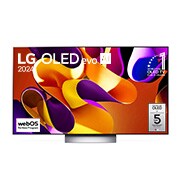 LG OLED evo TV、OLED G4の正面画像。「11 Years of world number 1 OLED（11年連続世界第1位のOLED）」のエンブレム、「webOS Re:New Program」のロゴ、「5-Year Panel Warranty（5年のパネル保証）」のロゴが画面に映し出される