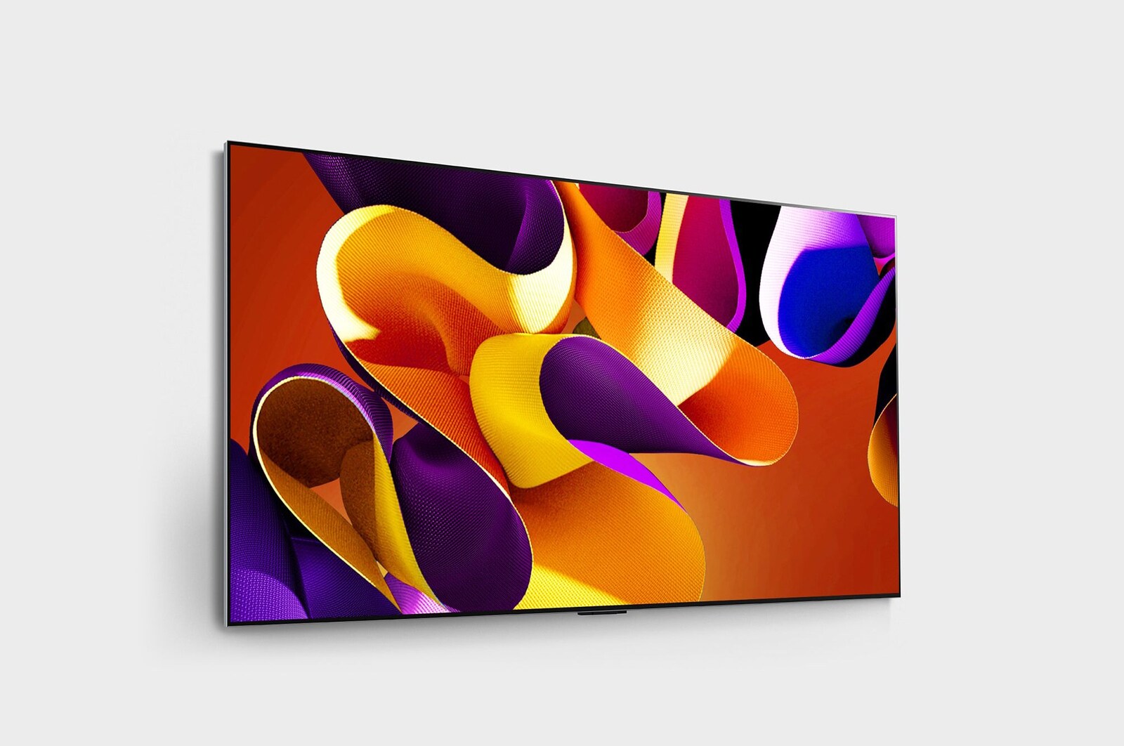 若干角度をつけた壁掛けのLG OLED evo TV、OLED G4の右向きの側面画像