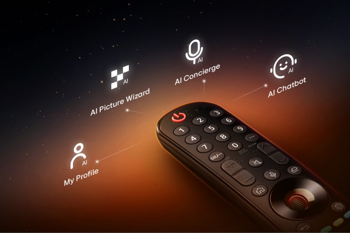 Представлен пульт LG Magic Remote на черном фоне, а впереди пробивается мягкий оранжевый свет. Четыре иконки с наименованиями, соединенные тонкими пунктирными линиями, появляются вокруг пульта Magic Remote: My Profile, AI Picture Wizard, AI Concierge и AI Chatbot.