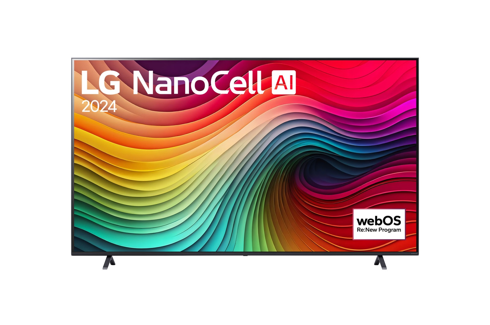 Вид спереди на телевизор LG NanoCell, NANO80 с текстом LG NanoCell, 2024 и логотипом webOS Re:New Program на экране