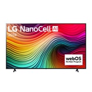 Вид спереди на телевизор LG NanoCell, NANO80 с текстом LG NanoCell, 2024 и логотипом webOS Re:New Program на экране