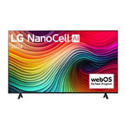 Вид спереди на телевизор LG NanoCell, NANO80 с текстом LG NanoCell, 2024 и логотипом webOS Re:New Program на экране