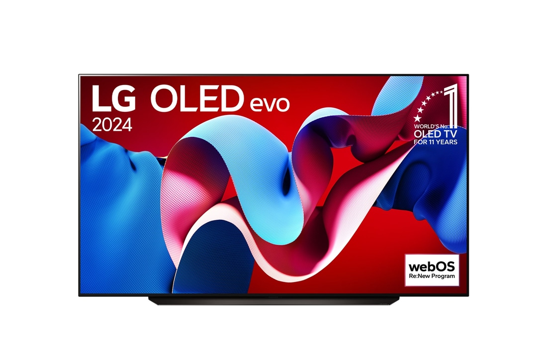 Вид спереди на телевизор LG OLED evo, OLED C4, эмблему «OLED №1 в течение 11 лет» и logo программы webOS Re:New на экране