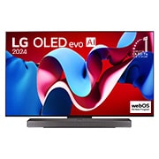 Вид спереди на телевизор LG OLED evo с искусственным интеллектом, OLED C4, logo эмблемы «OLED №1 в мире в течение 11 лет» и logo программы webOS Re:New Program на экране, а также звуковую панель снизу
