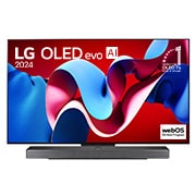 Вид спереди на телевизор LG OLED evo с искусственным интеллектом, OLED C4, logo эмблемы «OLED №1 в мире в течение 11 лет» и logo программы webOS Re:New Program на экране, а также звуковую панель снизу