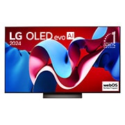 Вид спереди на телевизор LG OLED evo, OLED C4, logo эмблемы «OLED №1 в течение 11 лет» и logo программы webOS Re:New на экране