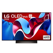 Вид спереди на телевизор LG OLED evo с искусственным интеллектом, OLED C4, эмблему «OLED №1 в течение 11 лет» и logo программы webOS Re:New Program на экране