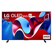 Вид спереди на телевизор LG OLED evo с искусственным интеллектом, OLED C4, эмблему «OLED №1 в течение 11 лет» и logo программы webOS Re:New Program на экране