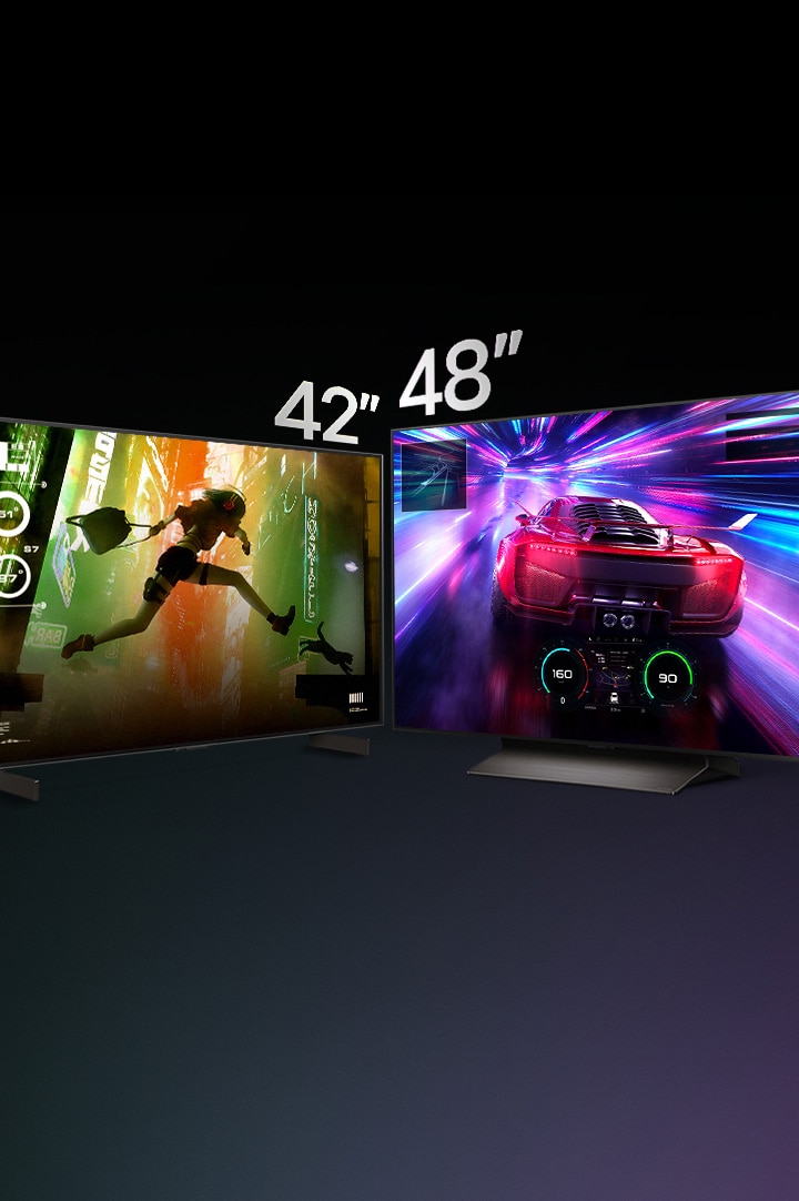 Два телевизора LG TV, расположенные рядом друг с другом на темном фоне, на экранах которых отображается яркий, красочный игровой процесс, обозначены как 42- и 48-дюймовые экраны.