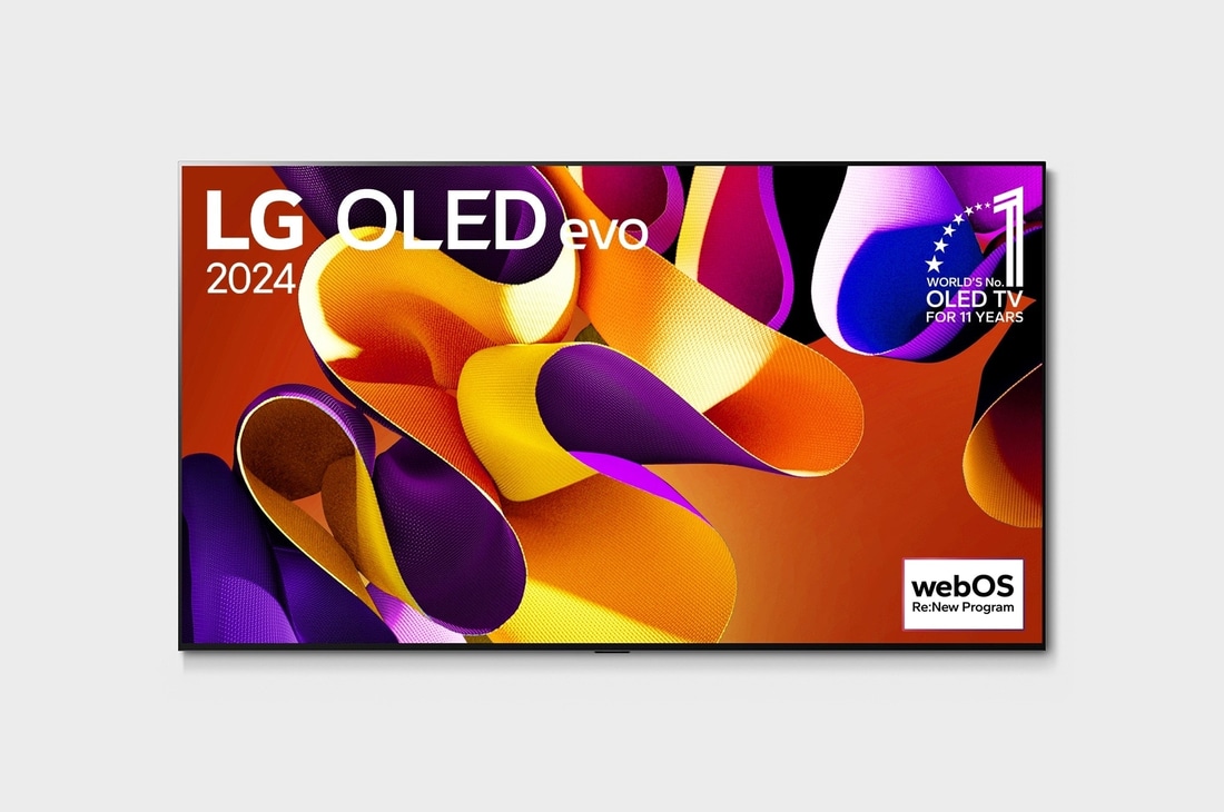 Вид спереди на телевизор LG OLED evo, OLED G4, эмблема «OLED №1 в течение 11 лет» на экране