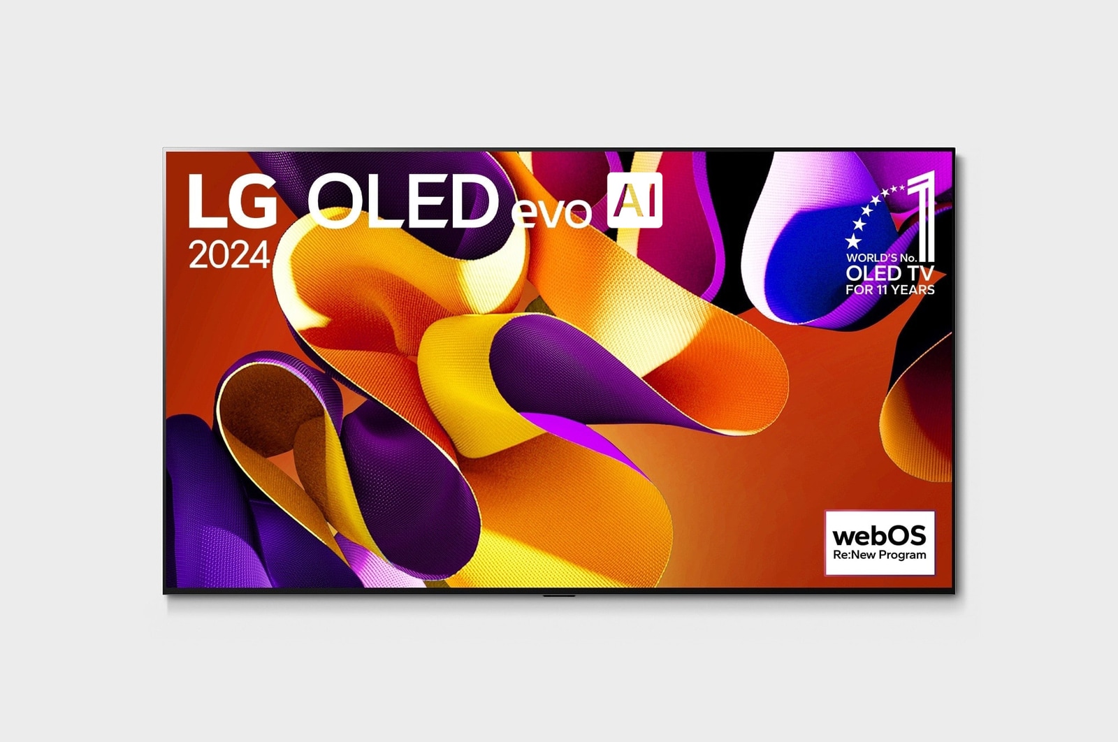 Вид спереди на телевизор LG OLED evo, OLED G4, вид на эмблему «OLED №1 в течение 11 лет» на экране, а также на расположенную ниже звуковую панель