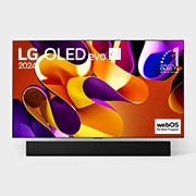 Вид спереди на телевизор LG OLED evo, OLED G4, вид на эмблему «OLED №1 в течение 11 лет» на экране, а также на расположенную ниже звуковую панель