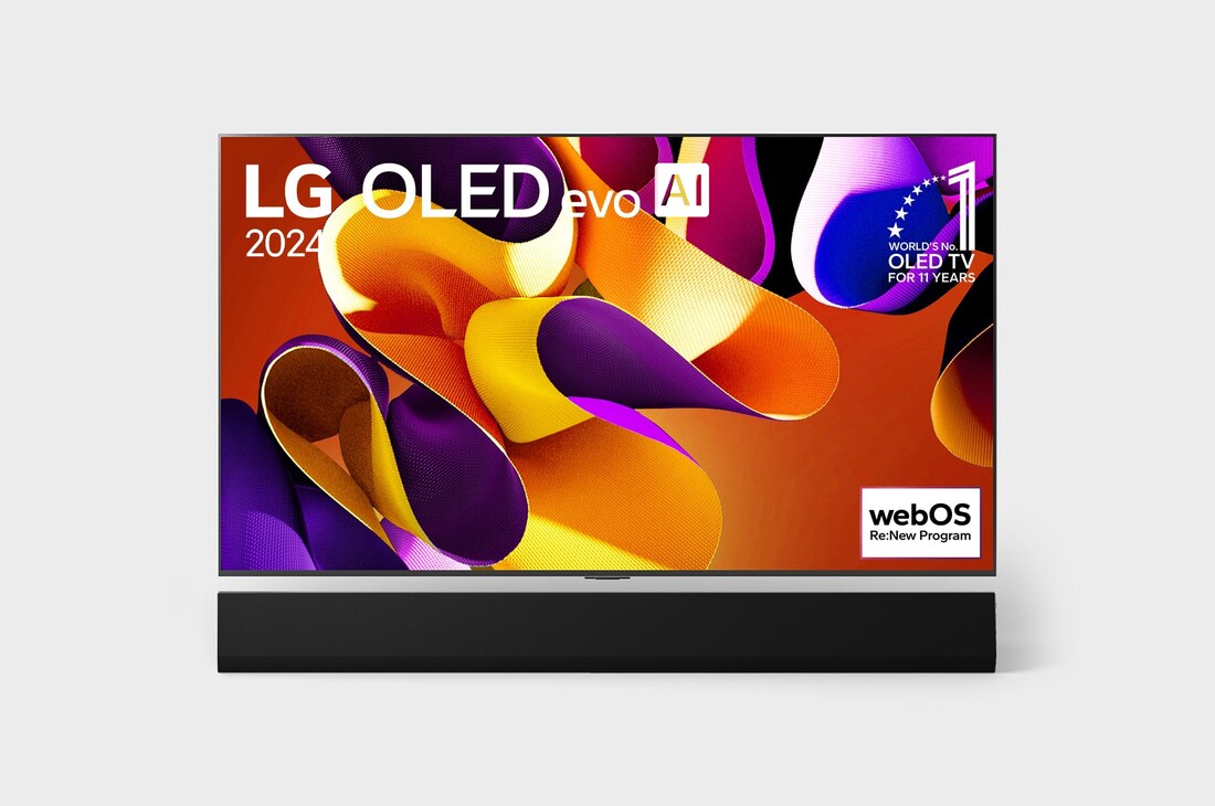Вид спереди на телевизор LG OLED evo, OLED G4, вид на эмблему «OLED №1 в течение 11 лет» на экране, а также на расположенную ниже звуковую панель