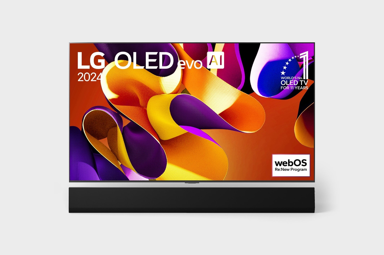 Вид спереди на телевизор LG OLED evo, OLED G4, вид на эмблему «OLED №1 в течение 11 лет» на экране, а также на расположенную ниже звуковую панель