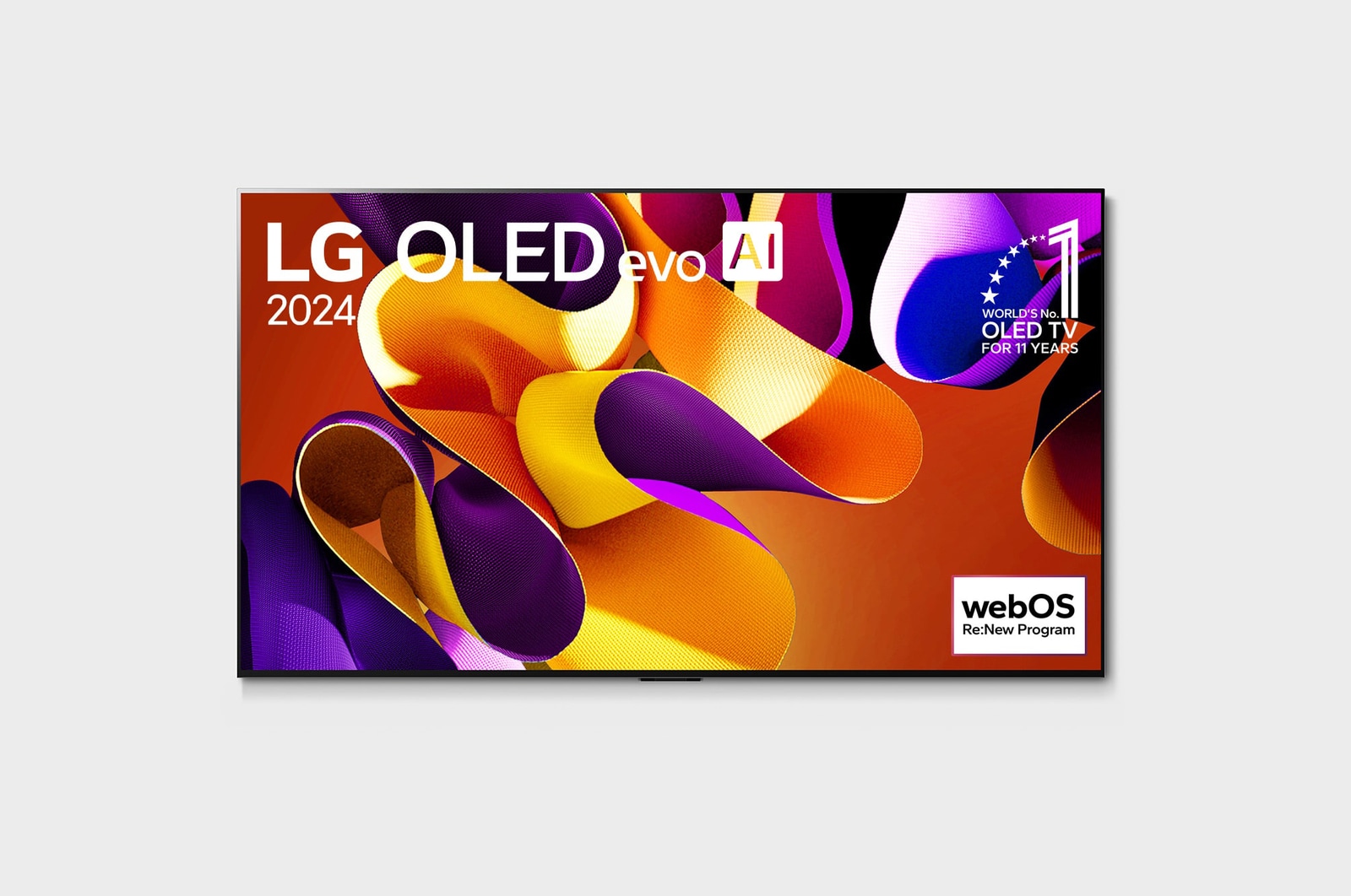 Front view with LG OLED evo TV, OLED G4, 11 Years of world number 1 OLED Emblem, and 5-Year Panel Warranty logo on screen