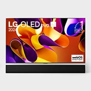 Вид спереди на телевизор LG OLED evo, OLED G4, вид на эмблему «OLED №1 в течение 11 лет» на экране, а также на расположенную ниже звуковую панель